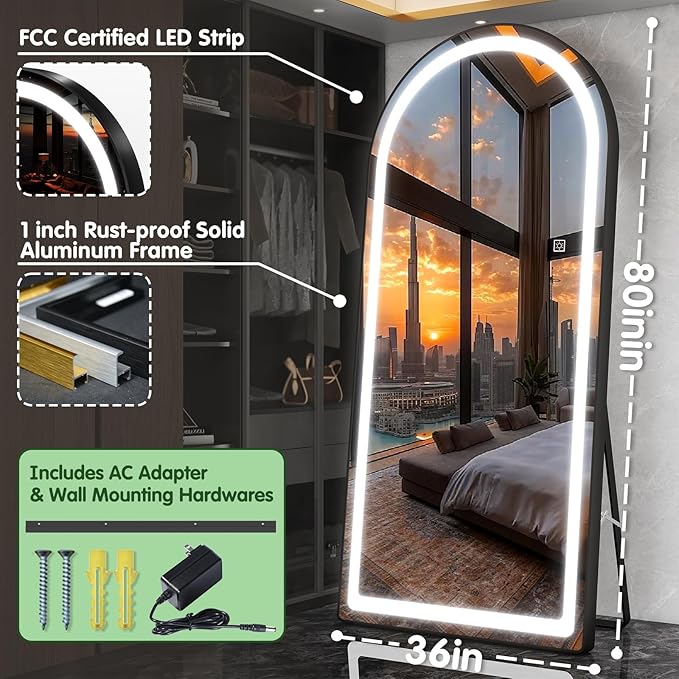 FENNIO Full Length Mirror with Lights, 80" x 36" LED Full Body Mirror, Free Standing Lighted Floor Mirror, Wall Mounted Hanging Mirror for Bedroom, Salon, Dimmable, 3 Color Lighting [Tempered Glass]