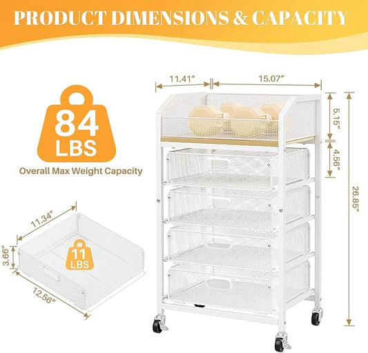SUNALLY Makeup Organizer Cart with 4 Drawers, Rolling Makeup Storage Cart Metal Skincare Organizers, Large Vanity Storage Organizer Cosmetics Display Cases for Skin Care Perfume Nail Polish, White