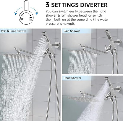 G-Promise All Metal 12 Inch Dual Square Shower Head with Handheld Spray Combo, Rain Shower Head, Adjustable Extension Arm, 3-Way Diverter, 71 Inch Extra Long Hose - A Bathroom Upgrade(Brushed Nickel)