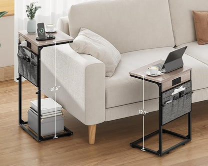 Vagusicc C-Shaped End Table Set of 2 with Charging Station, Small Side Table for Couch, Adjustable Height Couch Side Table, Slide Under Sofa Table TV Tray Tables for Living Room, Bedroom,Bedside, Gray