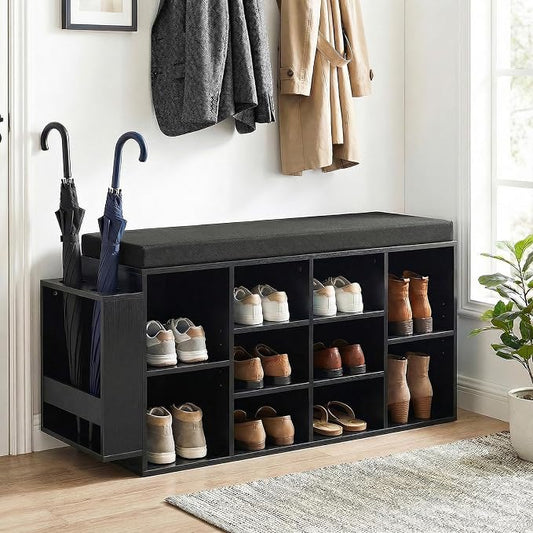 Tangkula Shoe Storage Bench with Umbrella Holder, 40" Shoe Organizer with Cushioned Seat, 10 Cubbies & Adjustable Shelves, Wooden Industrial Shoe Rack for Entryway, Living Room, Bedroom (Black)