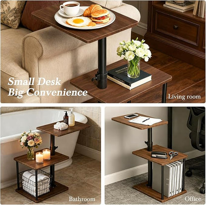 Swivel Side Table for Couch Arm, Height Adjustable C Shaped End Table for Recliner or Bed, Tv Trays with Storage Shelf for Small Spaces- Small Nightstand for Living Room, Bedroom