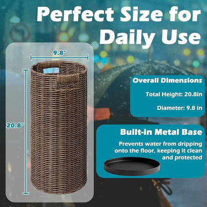 Rattan Umbrella Holder 21"H X 10"D, Handmade Wicker Umbrella Stand Indoor with Dip Tray, Sturdy Umbrella Holders for Entryway, Umbrella Bucket Fits Mudroom,Walking Canes,Home,Office (Brown)