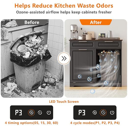 Double 10 Gallon Tilt Out Trash Can Cabinet with Deodorizing Function and Power Outlet, Wooden Hidden Garbage Can Holder with 2 Storage Drawers for Kitchen, Laundry Hamper Cabinet for Bathroom, Black