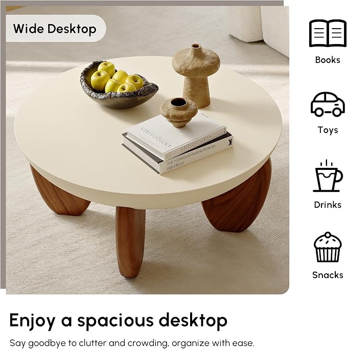 homary 30" Round Coffee Table, Modern Concrete Center Table with Walnut Ash Wood Legs, Minimalist Cement Finish for Living Room
