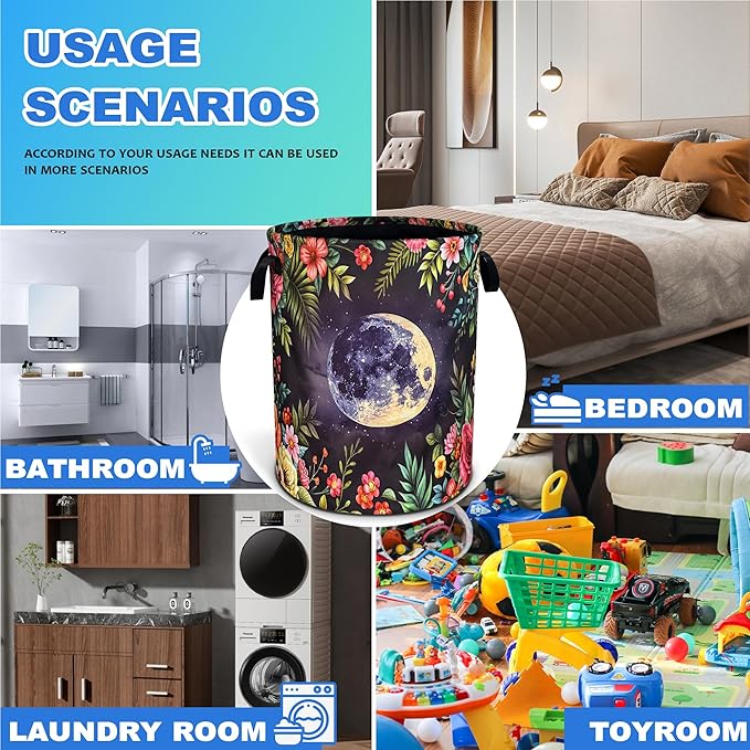 Moon Flowers Laundry Basket Beautiful Night Oxford Cloth Laundry Hamper With Handle Foldable Portable Clothes Storage Basket 18.9 X 16.5 Inch Storage Bag For Laundry Room/Bathroom/Bedroom/Dormitories