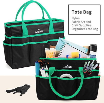Large Multi-Functional Carrying Bag, 600D Nylon Artist Tote Bag with 16 Pockets Caddy for Art, Craft, Sewing, Make-up or School, Medical, Office Supplies Organizer, Green