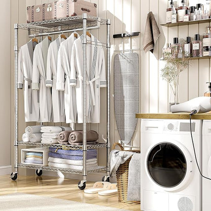 Heavy Duty Rolling Garment Rack 3 Tiers Adjustable Wire Shelving Clothes Rack with Rods and Side Hooks,Storage Closet Clothing Rack with Wheels Chrome 15.7" D x 29.5" W x 74.5" H
