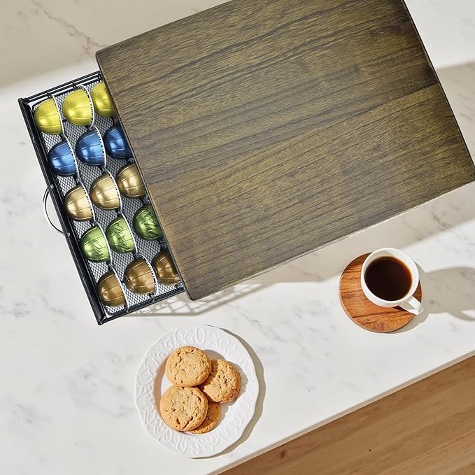 HiveNets for Vertuo Coffee Capsule Storage Drawer Compatible with Nespresso Vertuoline Pods Holder Metal and Wood Top Organizer (can hold 50 Pods)