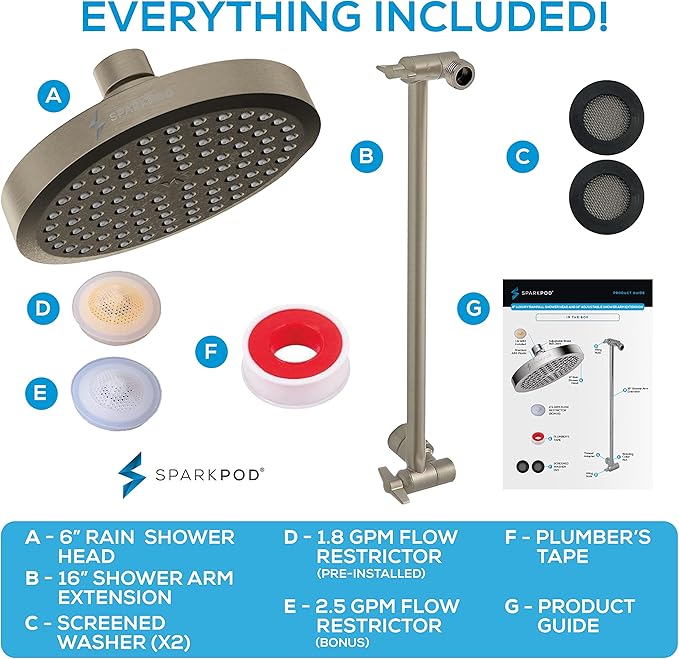 SparkPod Round Rain Shower Head with Shower Head Extension Arm - High Pressure Rain - Luxury Modern Look - No Hassle Tool-less 1-Min Installation (16" Shower Arm Extension, Brushed Nickel Finish)