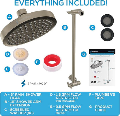 SparkPod Round Rain Shower Head with Shower Head Extension Arm - High Pressure Rain - Luxury Modern Look - No Hassle Tool-less 1-Min Installation (16" Shower Arm Extension, Brushed Nickel Finish)