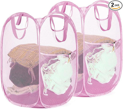 2 Pack Strong Mesh Pop-up Laundry Hamper, Quality Pop Up Hampers for Laundry with Durable Handles Solid Bottom High Carbon Steel Frame, Easy to Open and Fold Flat for Storage(Light Pink)