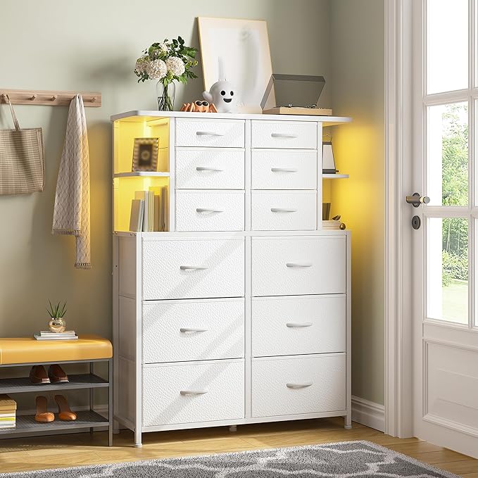 EnHomee White Dresser for Bedroom with LED Lights and 12 Drawers Dresser with 4 Open Storage Shelves, Fabric Dressers & Chests of Drawers, Metal Frame, 45.2" H x 35.4" W x 11.8" D