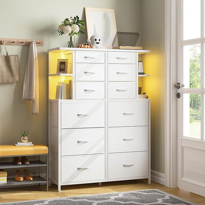 EnHomee White Dresser for Bedroom with LED Lights and 12 Drawers Dresser with 4 Open Storage Shelves, Fabric Dressers & Chests of Drawers, Metal Frame, 45.2" H x 35.4" W x 11.8" D