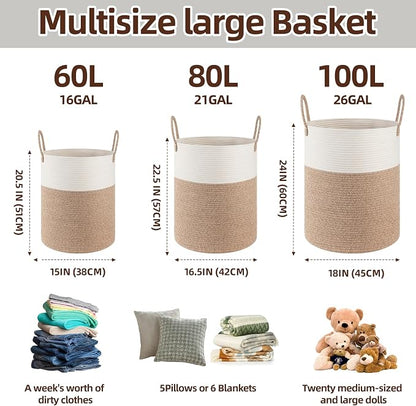 OIAHOMY Large Laundry Basket Hamper - 60L Cotton Rope Woven Basket for Blankets, Toys, Clothes - Tall Decorative Nursery Hamper with Long Handles, Gradient Brown