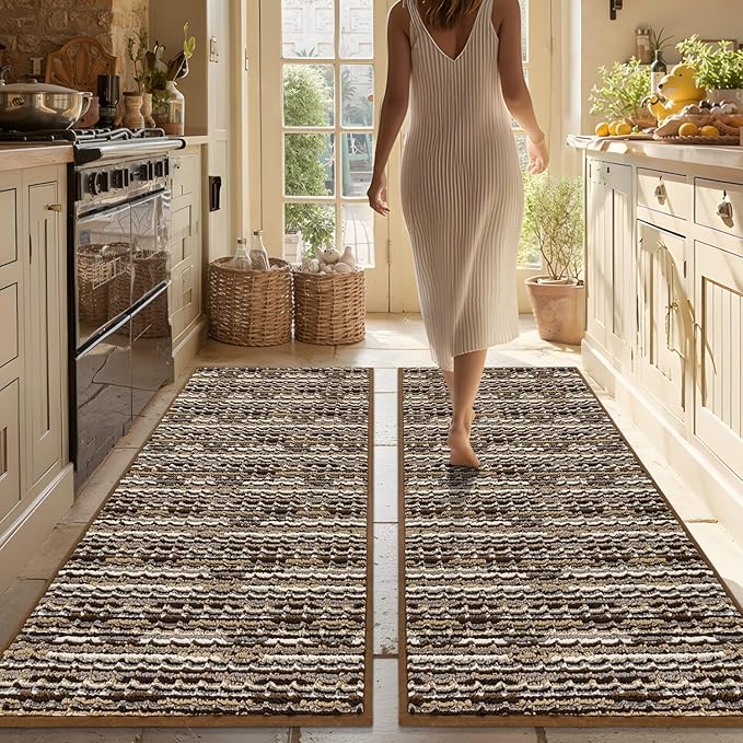 Kitchen Rugs Sets of 2-Non Slip Kitchen Mats for Floor-Thick Stain Resistant Vintage Kitchen Floor Mat Runner Carpet for Hallways Entryway Laundry Room Washable（Brown 20"x47"+20"x47"）