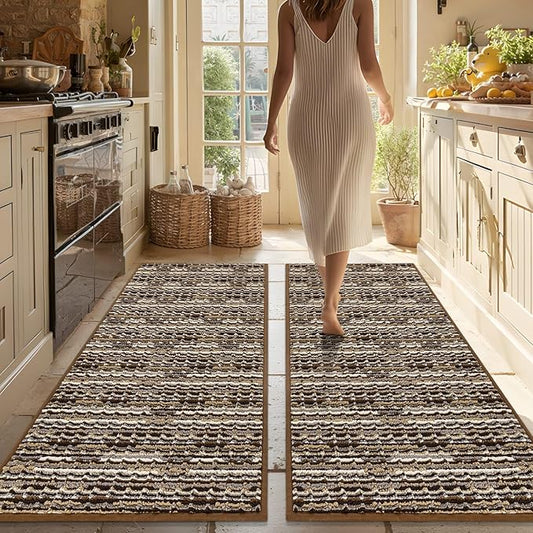 Kitchen Rugs Sets of 2-Non Slip Kitchen Mats for Floor-Thick Stain Resistant Vintage Kitchen Floor Mat Runner Carpet for Hallways Entryway Laundry Room Washable（Brown 20"x47"+20"x47"）