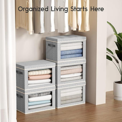 Collapsible Storage Bins with Lids - Stackable Storage Containers with Window, 6 Pack Fabric Cube Bins for Closet, Home & Office Organization Baskets, Light Gray, 14.9" x 9.8" x 9.8"