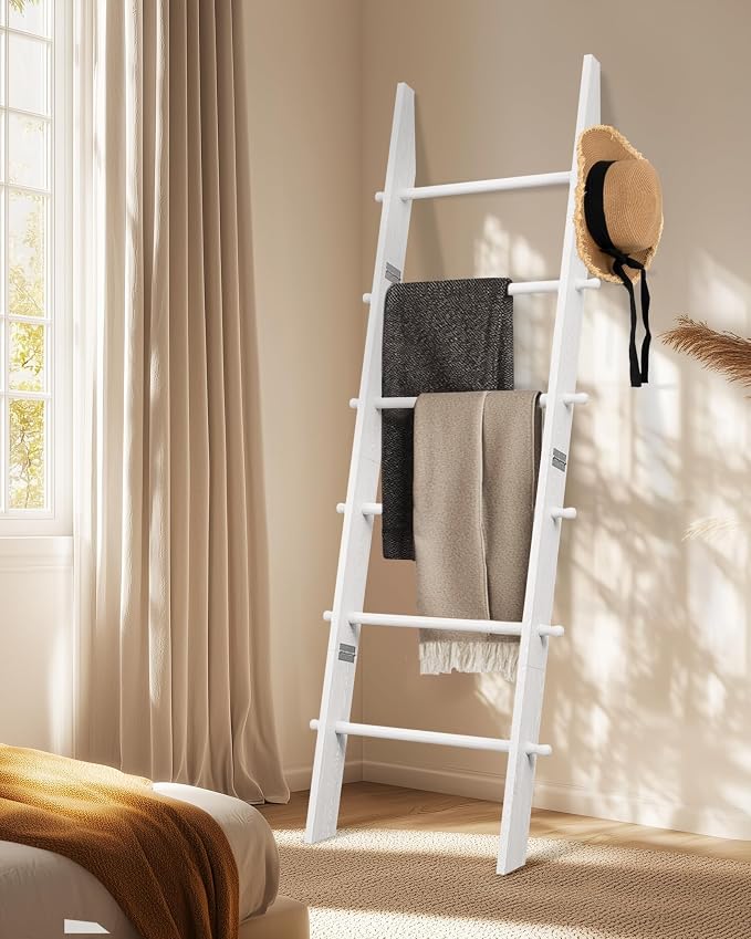 TEAKMAMA 6-Tier Blanket Ladder with Hanging Knobs,5.5 Ft Wall Leaning Blanket Ladders for Living Room Bedroom,Rustic Decorative Storage for Quilts,Throws,Easy to Assemble,White