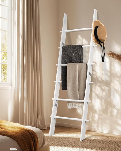 TEAKMAMA 6-Tier Blanket Ladder with Hanging Knobs,5.5 Ft Wall Leaning Blanket Ladders for Living Room Bedroom,Rustic Decorative Storage for Quilts,Throws,Easy to Assemble,White