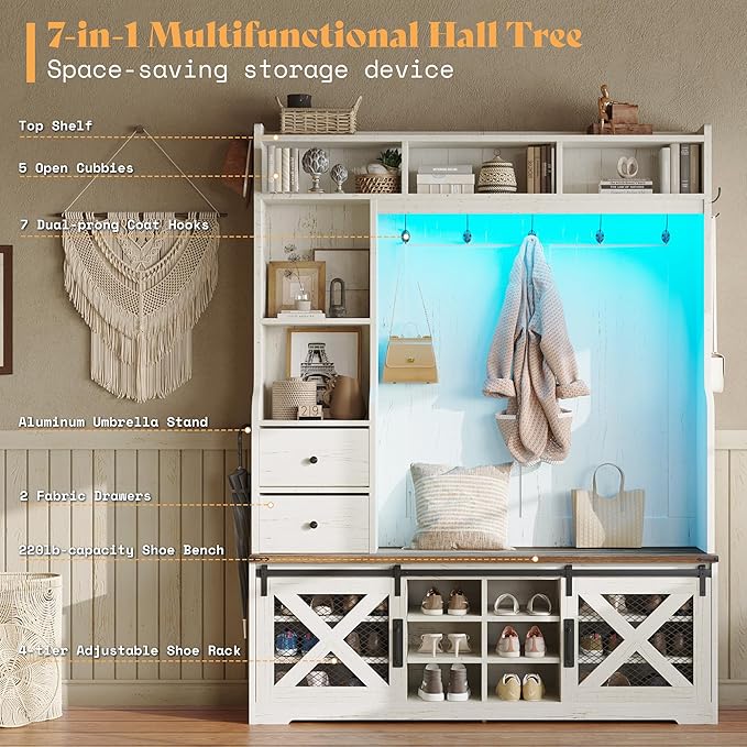 AMERLIFE 7-in-1 Farmhouse Hall Tree with Bench and Shoe Cabinet, LED Entryway Organizer with 2 Drawers, 12 Shoe Cubbies & Barn Doors, 7 Coat Racks with Shoe Storage, Rustic White