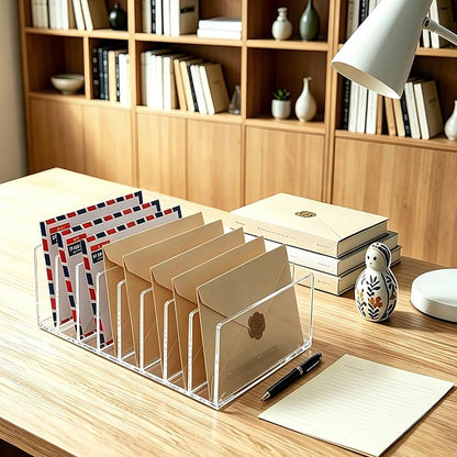 8 Compartments Clear Acrylic Mail Holder – Vertical Letter Sorter & Multifunction Desk Organizer for Bills, Documents, Notebooks – Modern Office/Home Envelope File Rack