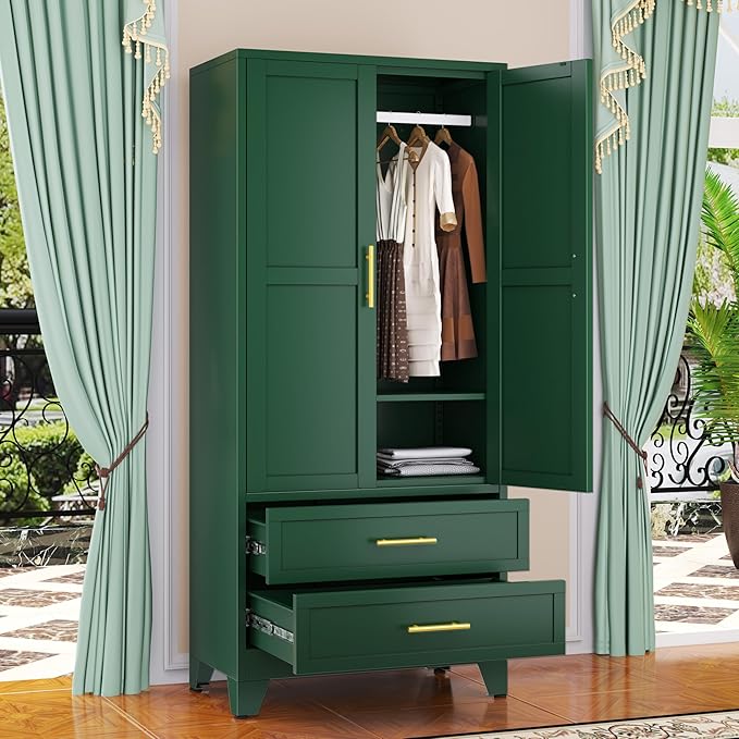 71" Metal Wardrobe Cabinet with 2 Doors, 1 Adjustable Shelf and 2 Drawers, Metal Clothing Storage Cabinets with Hanging Rod, Armoire Wardrobe Closet for Bedroom, Cloak Room, Gym (Green)
