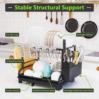 2-Tier Foldable Dish Drying Rack with Drainboard, Stainless Steel Large Capacity Kitchen Counter Organizer with Cup Holder, Utensil & Cutting Board Storage, No Assembly Required, Black