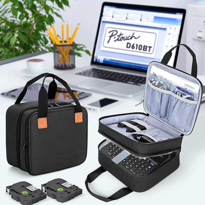 LUXJA Label Maker Carrying Case Compatible with Brother P-Touch PT-D610BT / PT-D410 / PT-D460BT, Storage Bag for Brother Label Printer with Multiple Pockets, Black