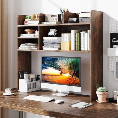 Desk Hutch, Desktop Shelf with 6 Shelves, Desk Bookshelf w/Anti-Toppling Devices, Wood Table Top Bookshelf Organizer, Small Desk Shelf for Study, Office, Dorm (Rustic Brown, 6 Shelves)