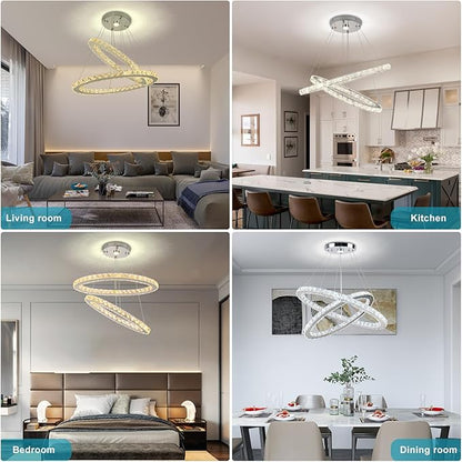 23.6'' Dimmable Oval Crystal Chandelier 2-Ring LED Pendant Island Light with Remote & App Control, 3-Color 2500K–6500K, Adjustable Height for Kitchen Dining Living Room Bedroom