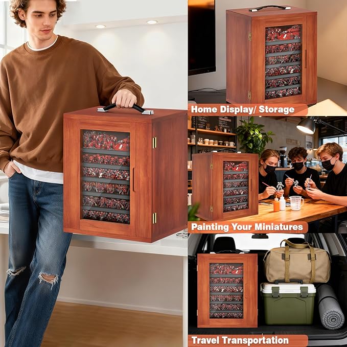 WELIDAY Miniature Storage Case for Collectibles, Miniature Display Cases with Magnetic Door and 6 Trays, Clear View Miniatures Transport Case (Brown)