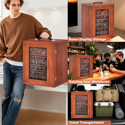 WELIDAY Miniature Storage Case for Collectibles, Miniature Display Cases with Magnetic Door and 6 Trays, Clear View Miniatures Transport Case (Brown)