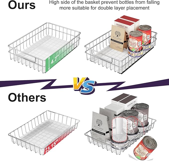 Pull out Cabinet Organizer, Stainless Steel 2-Pack (9.8"W x 16.5"D) Full-Extension Slide out Drawer, Adhesive Roll out Can Spice Storage Basket Shelf Rack for Pantry, Kitchen, Bathroom, Home Closet