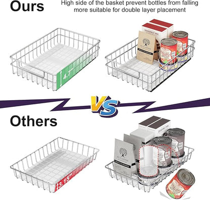 Pull out Cabinet Organizer, Stainless Steel 1-Pack (9.8"W x 16.5"D) Full-Extension Slide out Drawer, Adhesive Roll out Can Spice Storage Basket Shelf Rack for Pantry, Kitchen, Bathroom, Home Closet