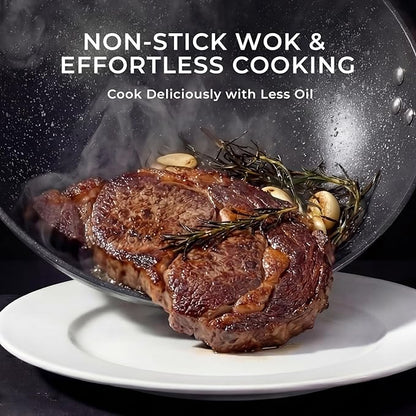 13.07-Inch Carbon Steel Wok Pan with Lid: Woks & Stir-Fry Pans Nonstick with Steamer for Cooking Pan Set, Large Deep Chinese Frying Saute Pan Wok Skillet, Induction Compatible, Stay-Cool Handle, Gifts