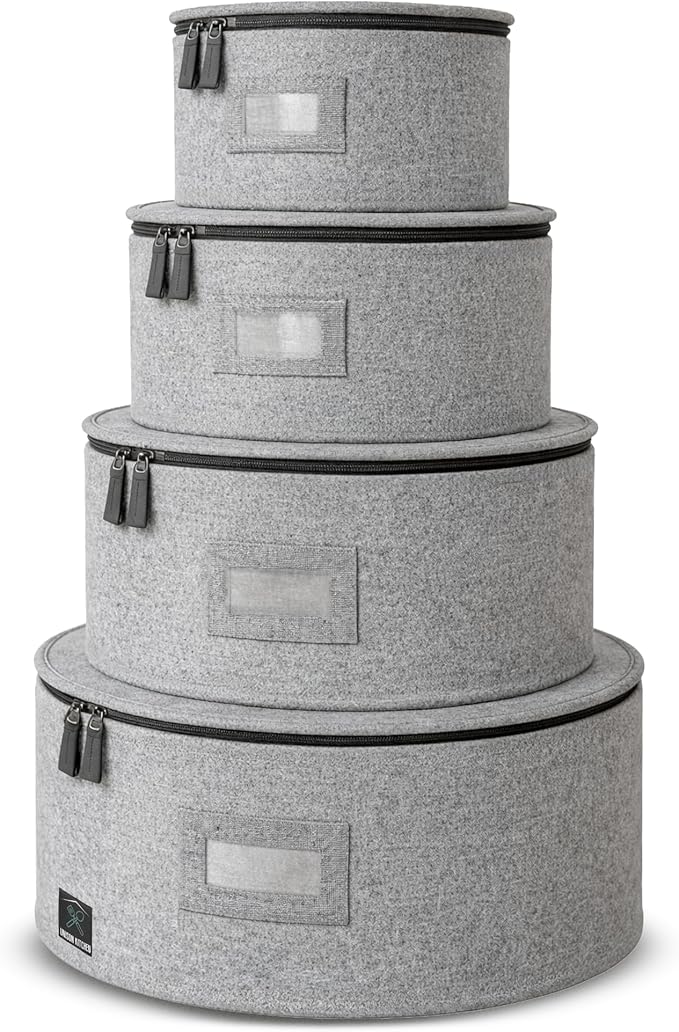 4-Piece Dish Storage Container Set – Hard Shell Dinnerware Organizer with Dividers for Plates, Stackable, and Ideal for Fine China Storage, Kitchen Organization & Moving Supplies – Grey