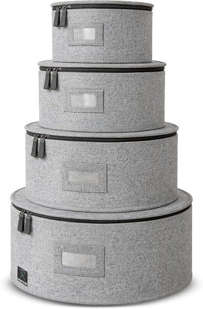 4-Piece Dish Storage Container Set – Hard Shell Dinnerware Organizer with Dividers for Plates, Stackable, and Ideal for Fine China Storage, Kitchen Organization & Moving Supplies – Grey