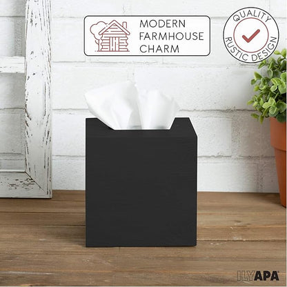 Ilyapa Wood Tissue Box Cover Square - Rustic Farmhouse Black Wooden Tissue Holder