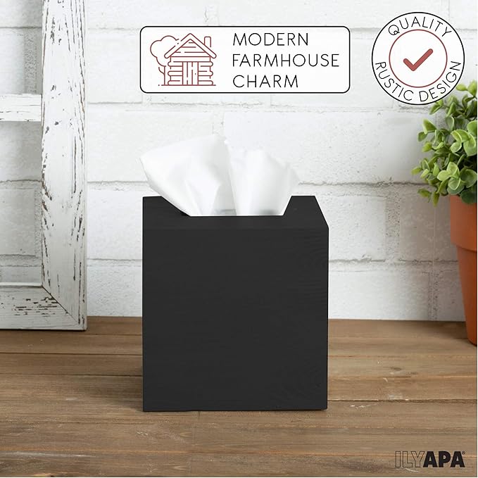 Ilyapa Wood Tissue Box Cover, 2 Pack Square - Rustic Farmhouse Black Wooden Tissue Holder