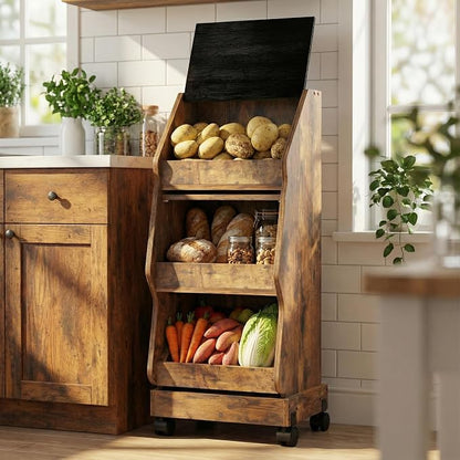 ARTETHYS Potato Storage Bin Movable Bread Box with Lid Rustic and Wheels Onion Organizer with Grocery Section Decorative Vegetable Organization Cabinet for Kitchen