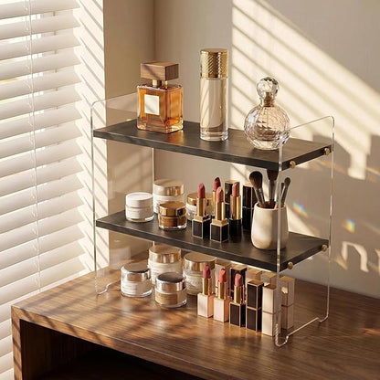 Coffee Station Organizer 2 Tier, Solid Wood Mug Shelffor Coffee Bar,Matcha Station,Tea Storage - Holds Mugs,Beans,Syrup,Cups,Tirrers (Black Wood Grain, 15.4" L x 5.7" W x 13.4" H)