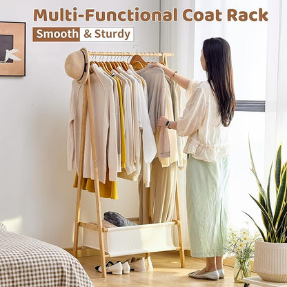 FILWH Bamboo Clothes Rack with Storage Box Foldable Garment Holder Coat Rack Freestanding Coat Stand Child Clothing Stand for Hanging Coat Dress up Racks (Natural, Large)