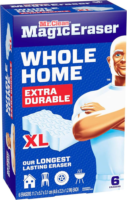 Mr. Clean Magic Eraser Sponge, All Purpose Cleaner, Long Lasting Cleaning Scrubber, Wall, Sneaker, Oven, Kitchen, Bathroom Cleaner, Shower Cleaning Supplies, Whole Home Extra Durable XL, 6ct