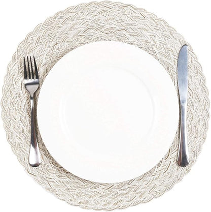 SHACOS Round Braided Placemats 15 inch Set of 6 Boho Thick Washable Kitchen Table Placemats for Home Wedding Party (T-Ivory, 6)