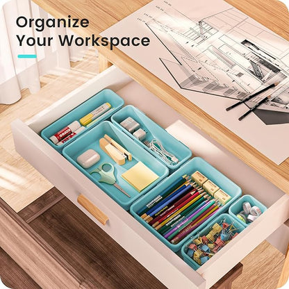 A-LuGei 【Military Grade】 Drawer Organizer, 【𝟱𝗦𝗶𝘇𝗲】 Makeup organizer, 【Holds 177 Items】 Bathroom Organizers and Storage, Organization and Storage, Desk Drawer Organizer for Vanity (Blue)