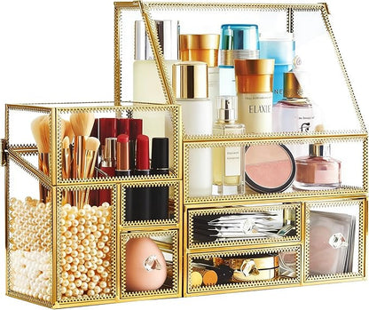 Hersoo Luxury Stackable Glass Cosmetic Organizer 3-Piece Set-Durable,Premium Shatterproof Vanity Storage,Artisan-Design for High-End Bathroom&Makeup Counter Decor(gold)
