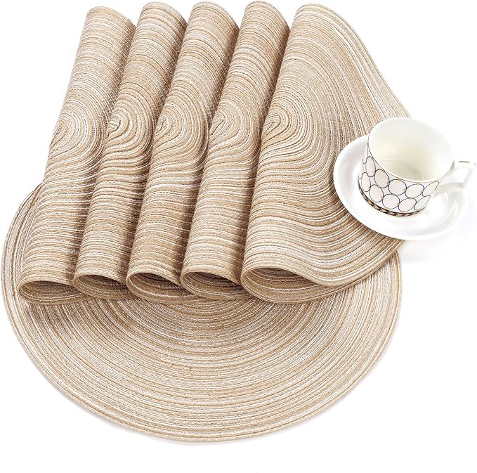 SHACOS Round Braided Placemats Set of 4 Washable Place Mats for Dining Tables 15 inch Non Slip Kitchen Table Mats (Beige, 4)