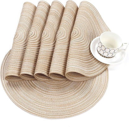 SHACOS 15 inch Round Placemats Set of 6, Cotton Polyester Woven Braided Place Mats, Washable Heat Resistant Non Slip Table Mats for Kitchen Dining Table (Beige, 6)