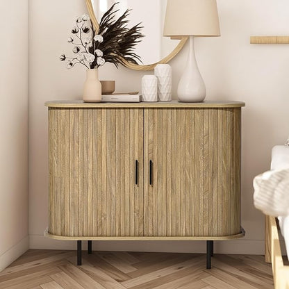 LuxenHome 35” Mid Century Modern Accent Cabinet, Sliding Door Sideboard Buffet Cabinet with Storage, Small Storage Entryway Cabinets for Kitchen, Living Room, Entryway
